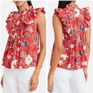 Ulla Johnson Red Floral Ruffle Sleeveless Blouse Romantic Boho Size 6
